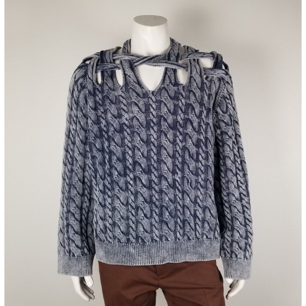 H&M X Glenn Martens Cut-out Cable Knit  Blue Oversized Cotton Sweater Sz M NWT